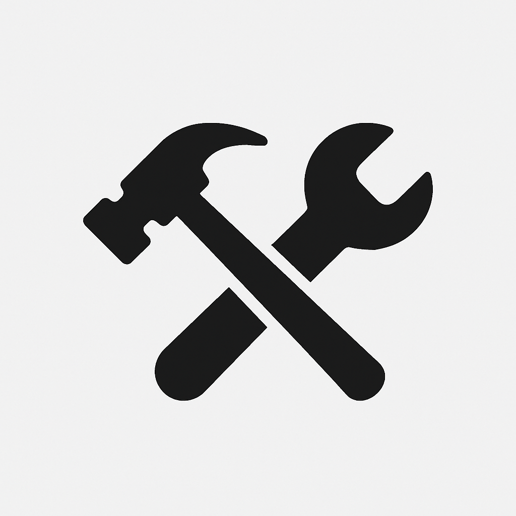 A black silhouette of a hammer crossed with a wrench on a white background.